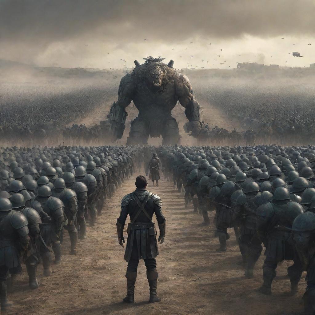 A single, resolute man standing alone at the front, facing an intimidating huge army arrayed for battle in the background.