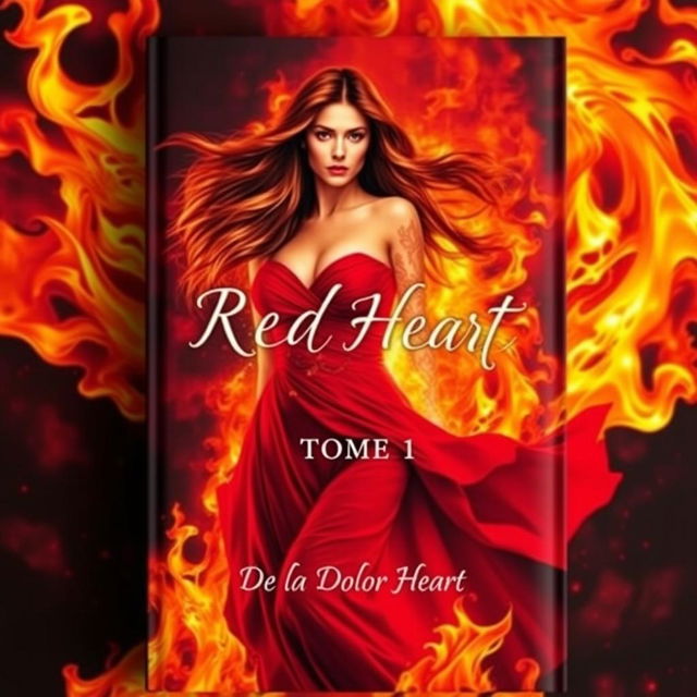 A dramatic romance book cover featuring a striking woman emerging from vivid flames