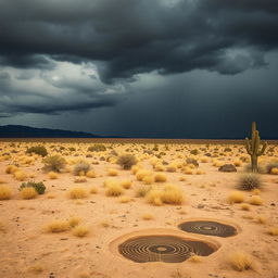 A striking desert field scenery featuring an expanse of arid land under a dramatic gray sky filled with rain