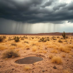 A striking desert field scenery featuring an expanse of arid land under a dramatic gray sky filled with rain