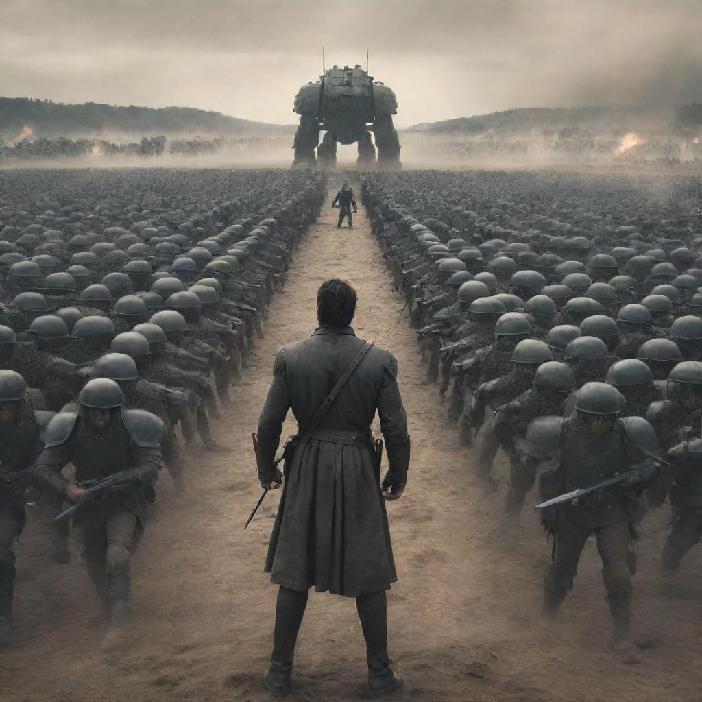 A single, resolute man standing alone at the front, facing an intimidating huge army arrayed for battle in the background.