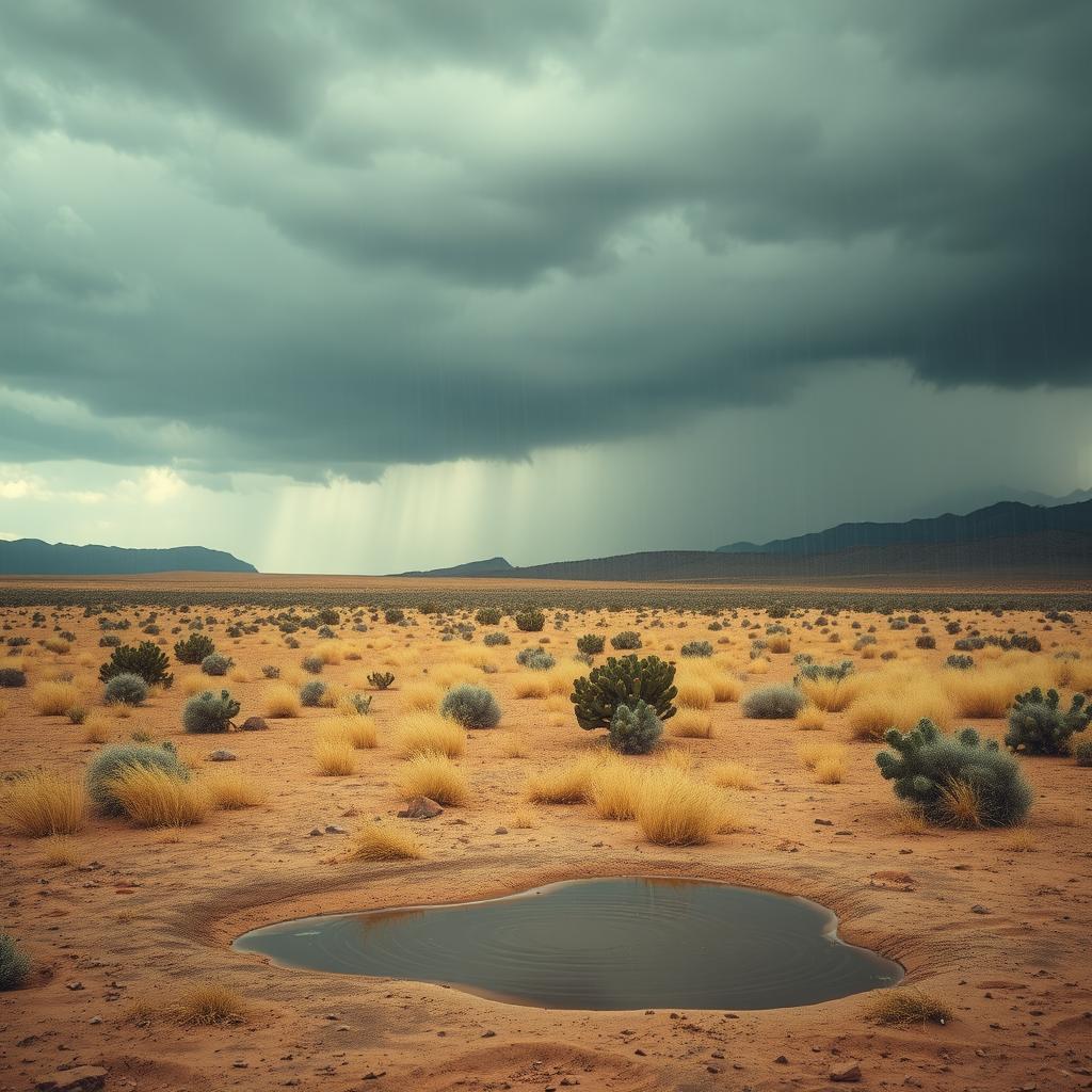 A striking desert field scenery featuring an expanse of arid land under a dramatic gray sky filled with rain