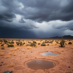 A striking desert field scenery featuring an expanse of arid land under a dramatic gray sky filled with rain