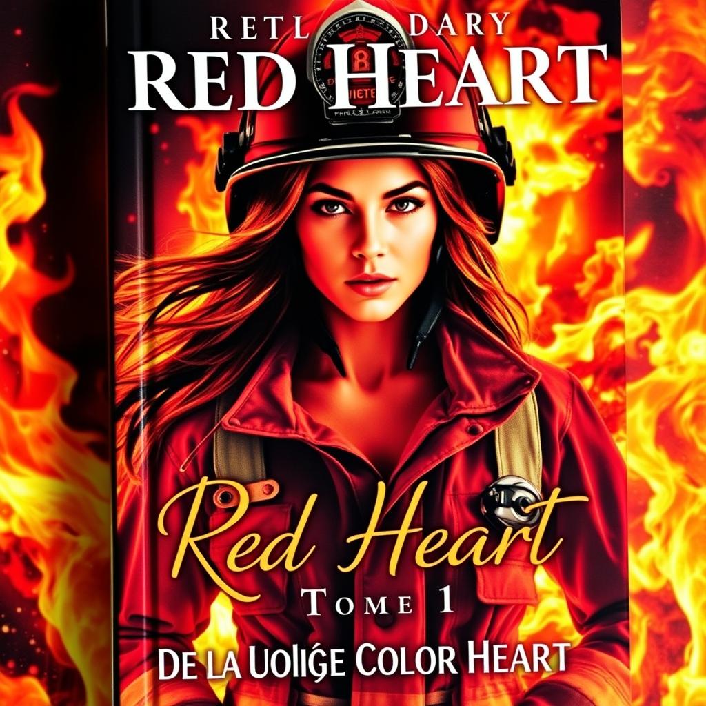 A captivating romance book cover featuring a strong and fearless woman in firefighter gear emerging from vibrant flames