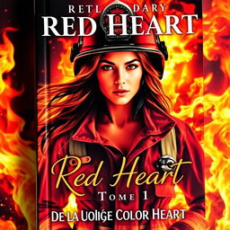 A captivating romance book cover featuring a strong and fearless woman in firefighter gear emerging from vibrant flames