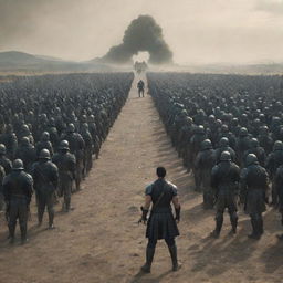 A single, resolute man standing alone at the front, facing an intimidating huge army arrayed for battle in the background.