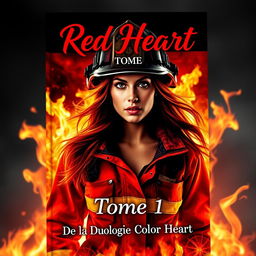 A captivating romance book cover featuring a strong and fearless woman in firefighter gear emerging from vibrant flames