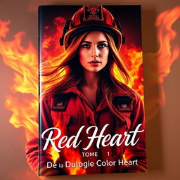 A captivating romance book cover featuring a strong and fearless woman in firefighter gear emerging from vibrant flames