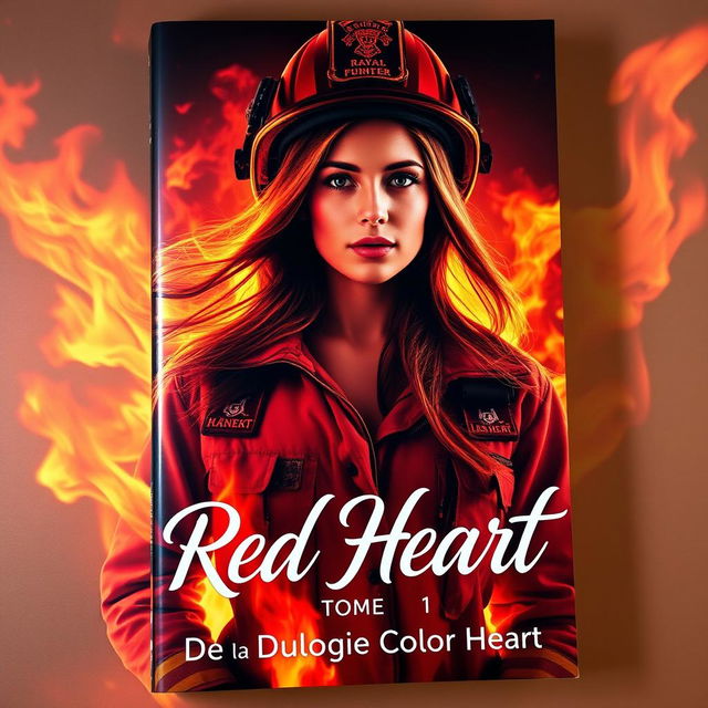 A captivating romance book cover featuring a strong and fearless woman in firefighter gear emerging from vibrant flames