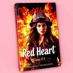 A captivating romance book cover featuring a strong and fearless woman in firefighter gear emerging from vibrant flames