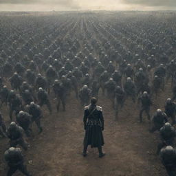 A single, resolute man standing alone at the front, facing an intimidating huge army arrayed for battle in the background.