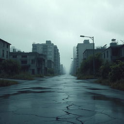 A haunting post-apocalyptic city scenery featuring a somber gray sky filled with rain