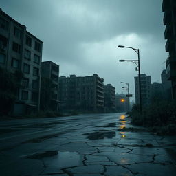 A haunting post-apocalyptic city scenery featuring a somber gray sky filled with rain