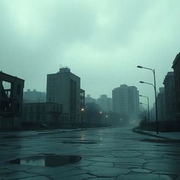 A haunting post-apocalyptic city scenery featuring a somber gray sky filled with rain