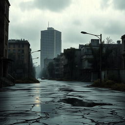 A haunting post-apocalyptic city scenery featuring a somber gray sky filled with rain