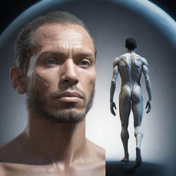 A futuristic vision of a human evolved two thousand years into the future, showcasing potential physical and physiological changes.