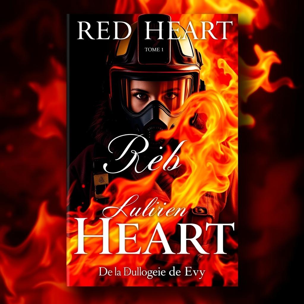 A striking romance book cover featuring a woman in firefighter gear emerging dramatically from vibrant flames