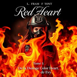 A striking romance book cover featuring a woman in firefighter gear emerging dramatically from vibrant flames