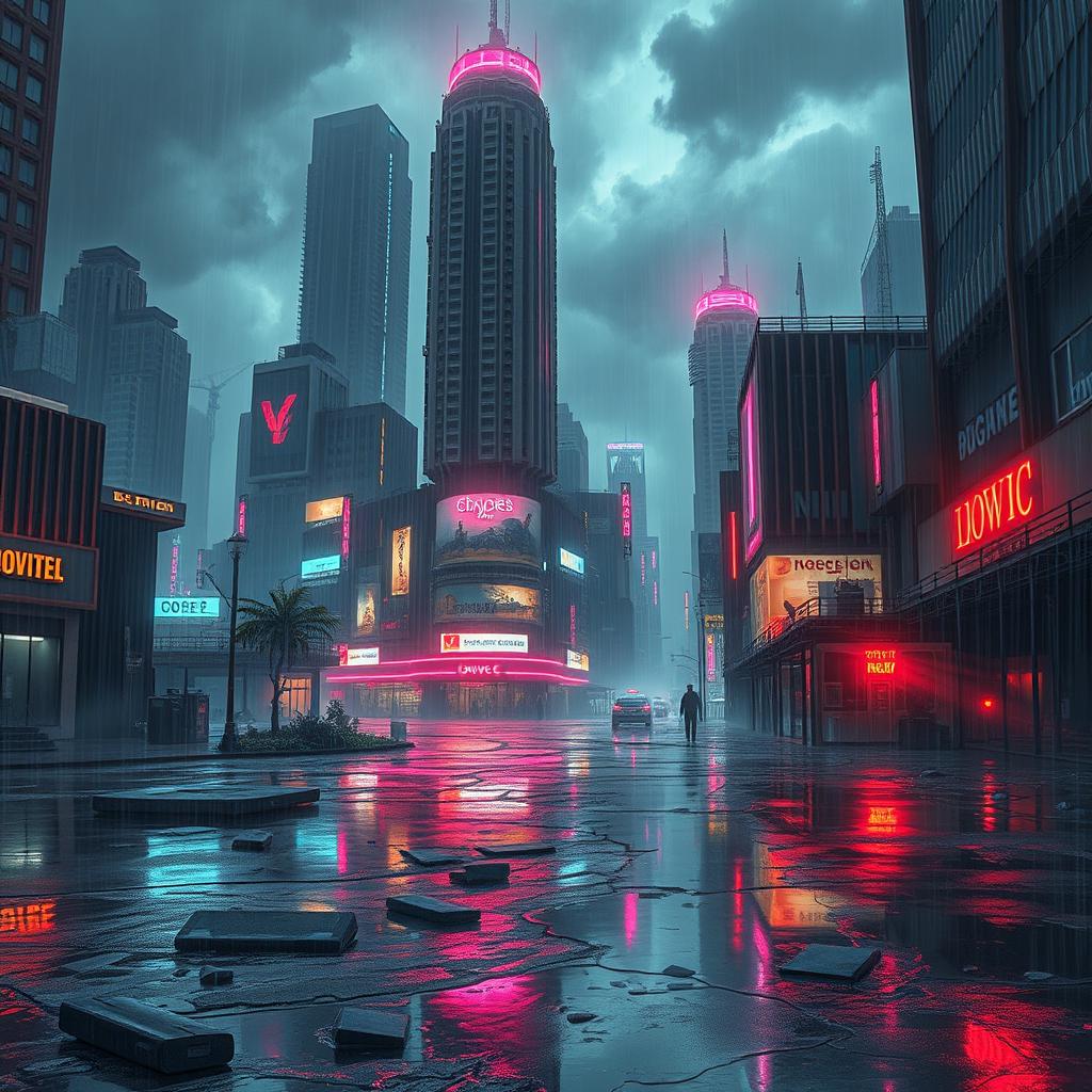 A dystopian cyberpunk cityscape engulfed in rain, set in a post-apocalyptic environment