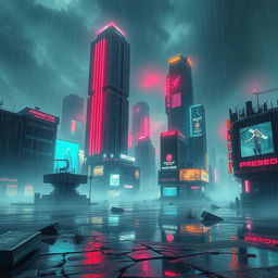 A dystopian cyberpunk cityscape engulfed in rain, set in a post-apocalyptic environment