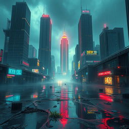 A dystopian cyberpunk cityscape engulfed in rain, set in a post-apocalyptic environment