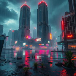 A dystopian cyberpunk cityscape engulfed in rain, set in a post-apocalyptic environment