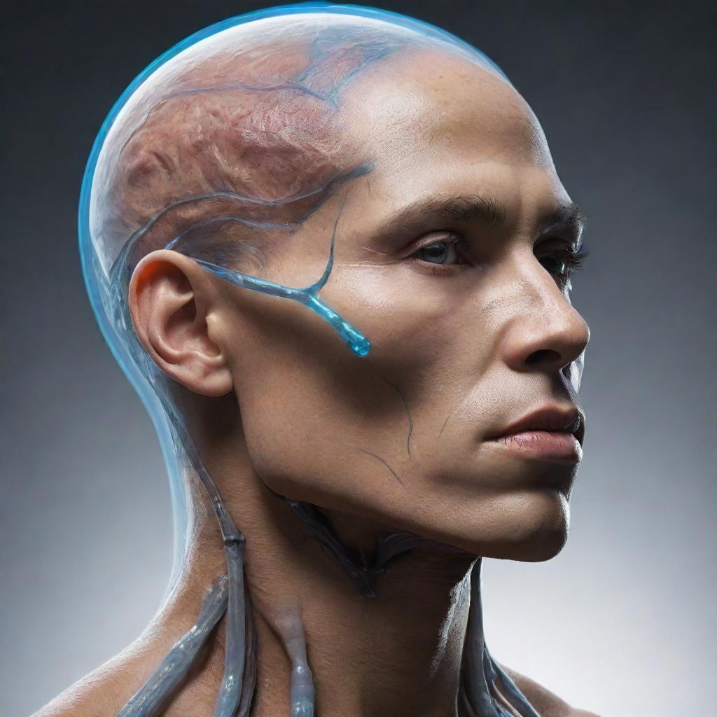 A futuristic vision of a human evolved two thousand years into the future, showcasing potential physical and physiological changes.