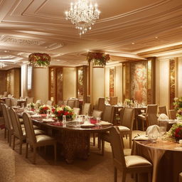 A luxury, classy, premium dining room with opulent furniture and elegant decor.