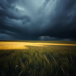 A moody landscape of a field under a dark, cloudy sky with deep gray hues