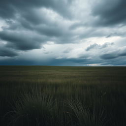 A moody landscape of a field under a dark, cloudy sky with deep gray hues