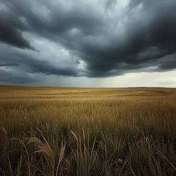 A moody landscape of a field under a dark, cloudy sky with deep gray hues