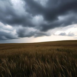 A moody landscape of a field under a dark, cloudy sky with deep gray hues