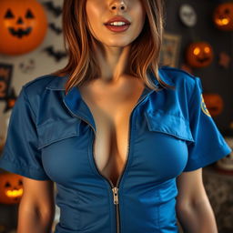 A close-up torso shot of a gorgeous female with brunette hair wearing a blue police costume dress that is partially unzipped, highlighting her large chest and cleavage