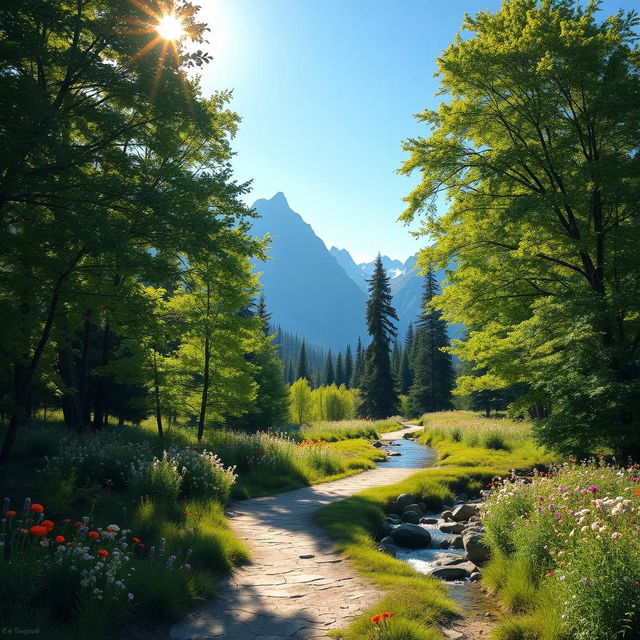 A serene landscape depicting a beautiful pathway leading through a tranquil forest