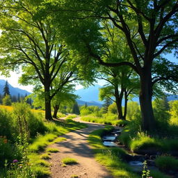 A serene landscape depicting a beautiful pathway leading through a tranquil forest