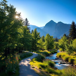 A serene landscape depicting a beautiful pathway leading through a tranquil forest