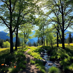 A serene landscape depicting a beautiful pathway leading through a tranquil forest