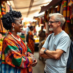 A vibrant scene of a Black Ghanaian woman engaging in a friendly conversation with a white tourist at a bustling local market in Ghana