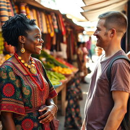 A vibrant scene of a Black Ghanaian woman engaging in a friendly conversation with a white tourist at a bustling local market in Ghana