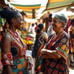 A vibrant scene of a Black Ghanaian woman engaging in a friendly conversation with a white tourist at a bustling local market in Ghana