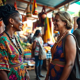 A vibrant scene of a Black Ghanaian woman engaging in a friendly conversation with a white tourist at a bustling local market in Ghana