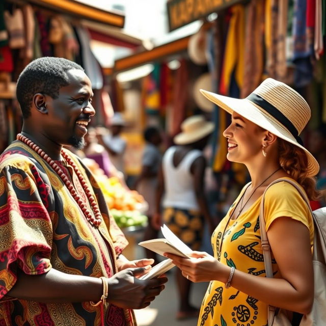 A lively scene depicting a Black Ghanaian man engaged in a friendly conversation with a white female tourist at a vibrant street market in Accra, Ghana