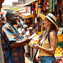 A lively scene depicting a Black Ghanaian man engaged in a friendly conversation with a white female tourist at a vibrant street market in Accra, Ghana