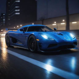 A dynamic image of the Koenigsegg Agera R, with its sleek profile, sharp lines, and glossy finish. Visualize it with blue lighting and sparks flying from the tires while racing on an urban roadway at night.