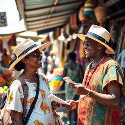 A lively scene depicting a Black Ghanaian man engaged in a friendly conversation with a white female tourist at a vibrant street market in Accra, Ghana