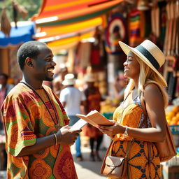 A lively scene depicting a Black Ghanaian man engaged in a friendly conversation with a white female tourist at a vibrant street market in Accra, Ghana