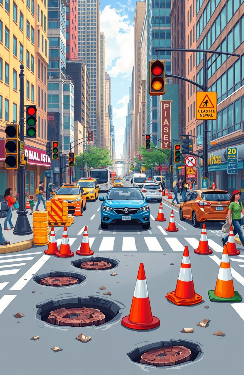 A vivid and dynamic illustration depicting a busy urban scene filled with various road hazards