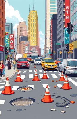 A vivid and dynamic illustration depicting a busy urban scene filled with various road hazards