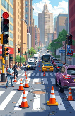 A vivid and dynamic illustration depicting a busy urban scene filled with various road hazards