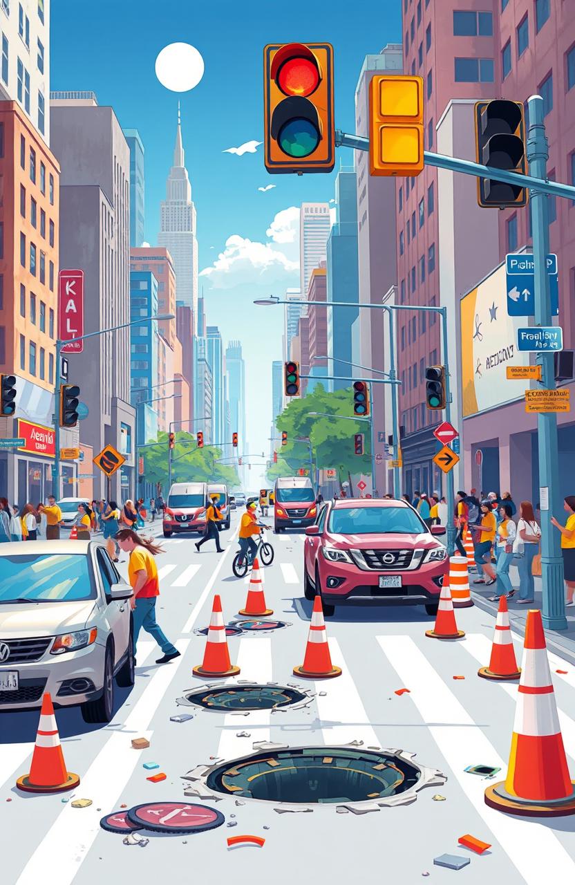 A vivid and dynamic illustration depicting a busy urban scene filled with various road hazards